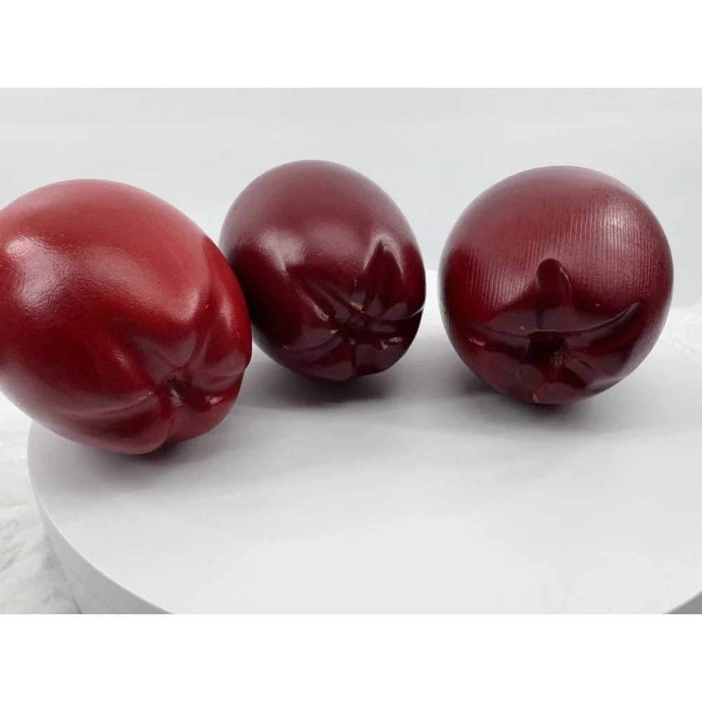 3 Faux Fruit Wood Wooden Red Apples Stems Realistic Farmhouse‎ Decor Heavy